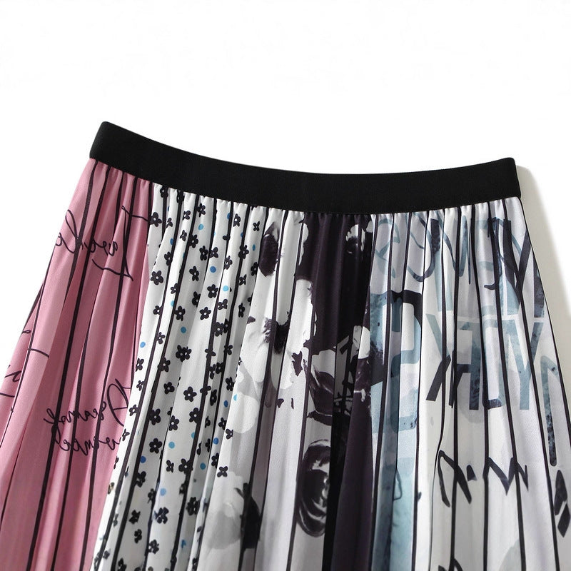 Graffiti Print Pleated Satin Chiffon Skirt