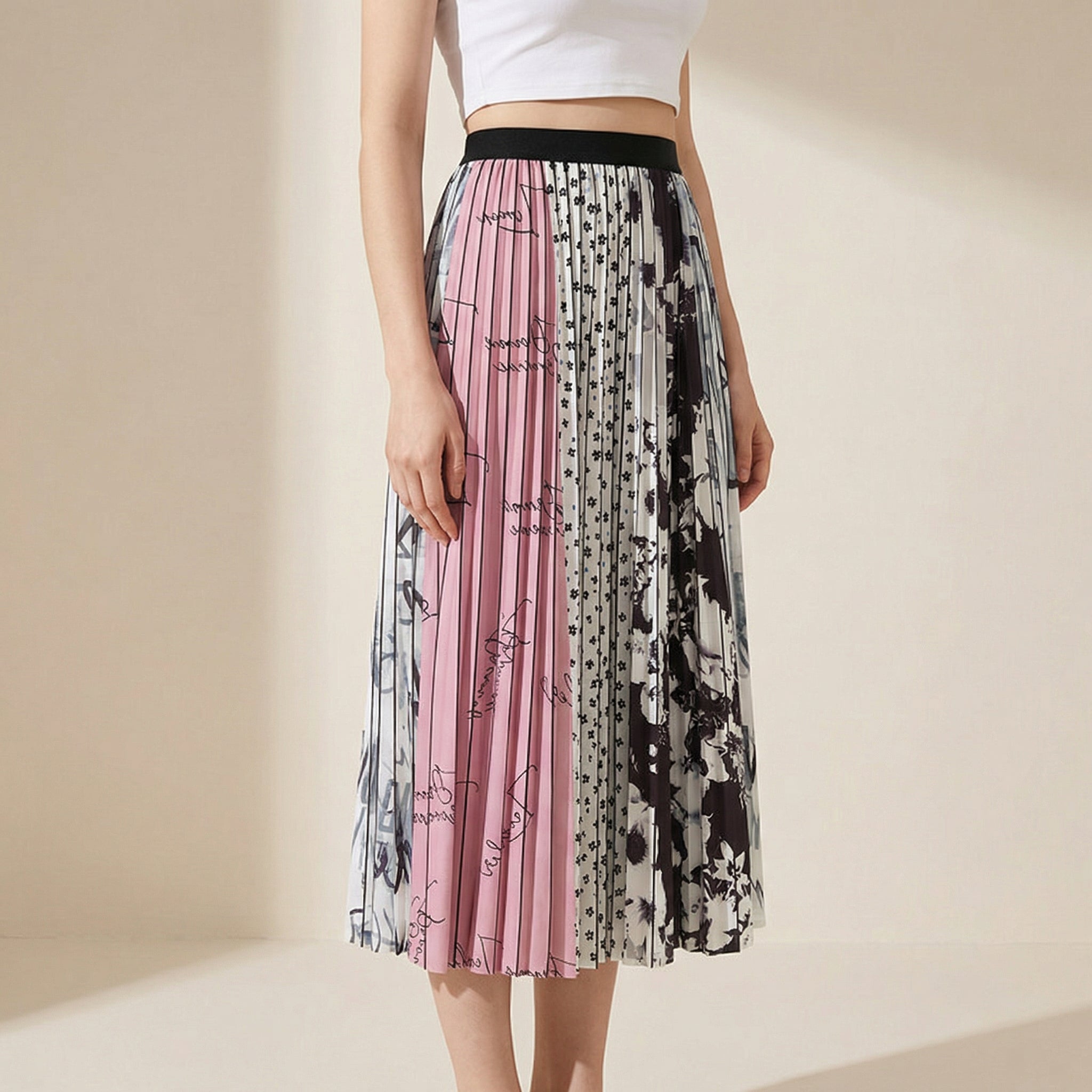 Graffiti Print Pleated Satin Chiffon Skirt