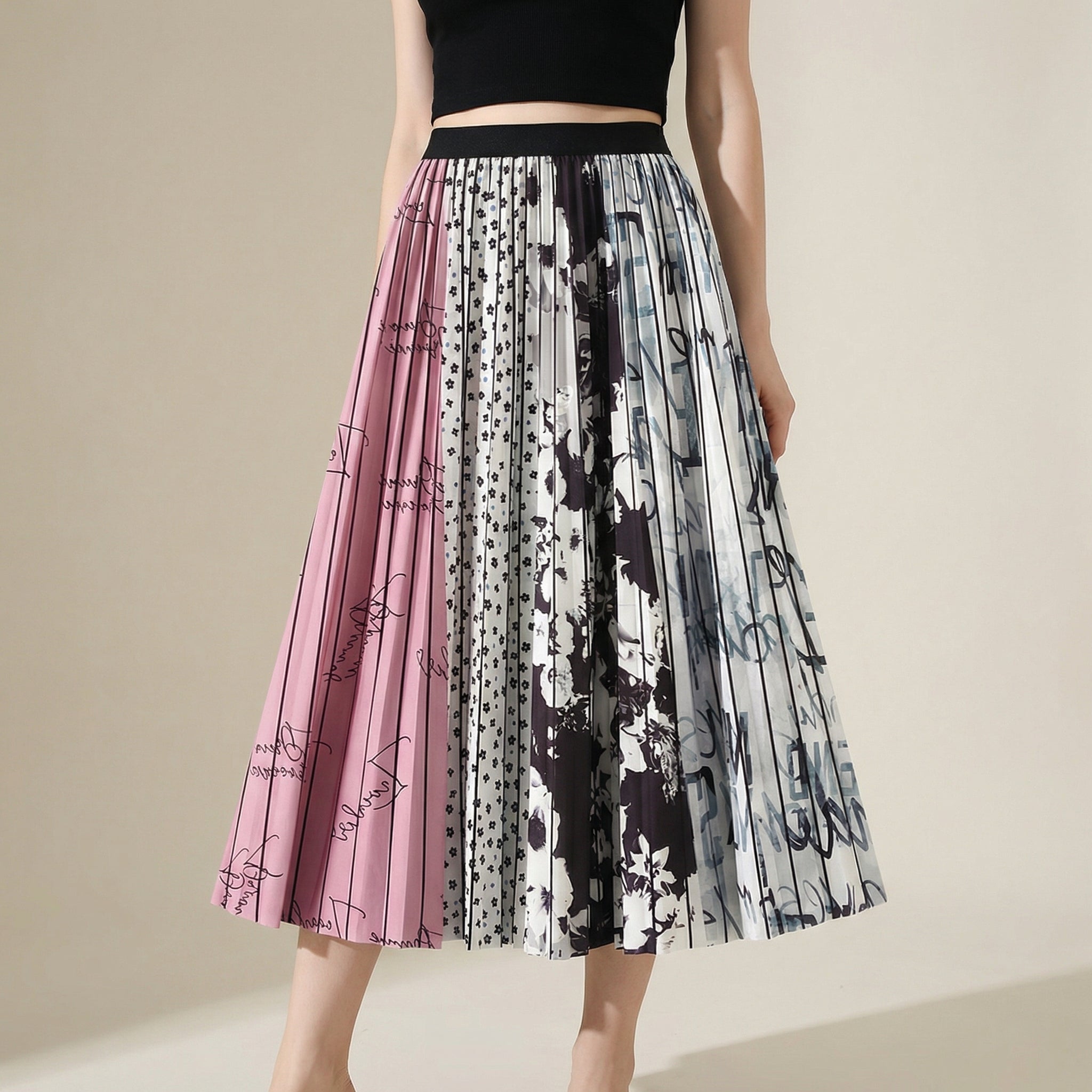 Graffiti Print Pleated Satin Chiffon Skirt