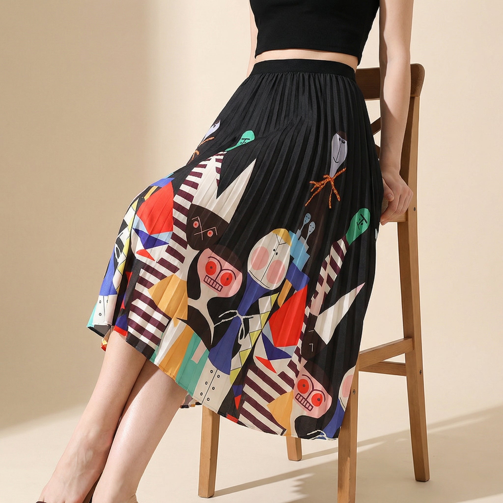 Printed Cartoon Satin Chiffon Skirt