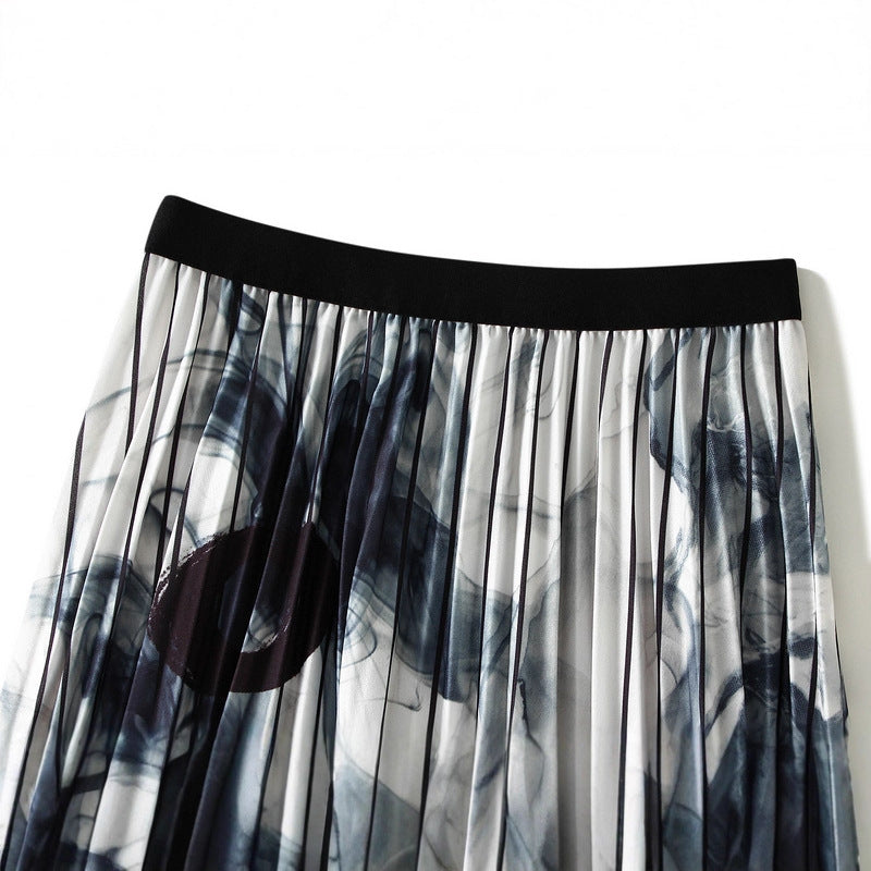 Ink-Painted Print Chiffon Satin Skirt