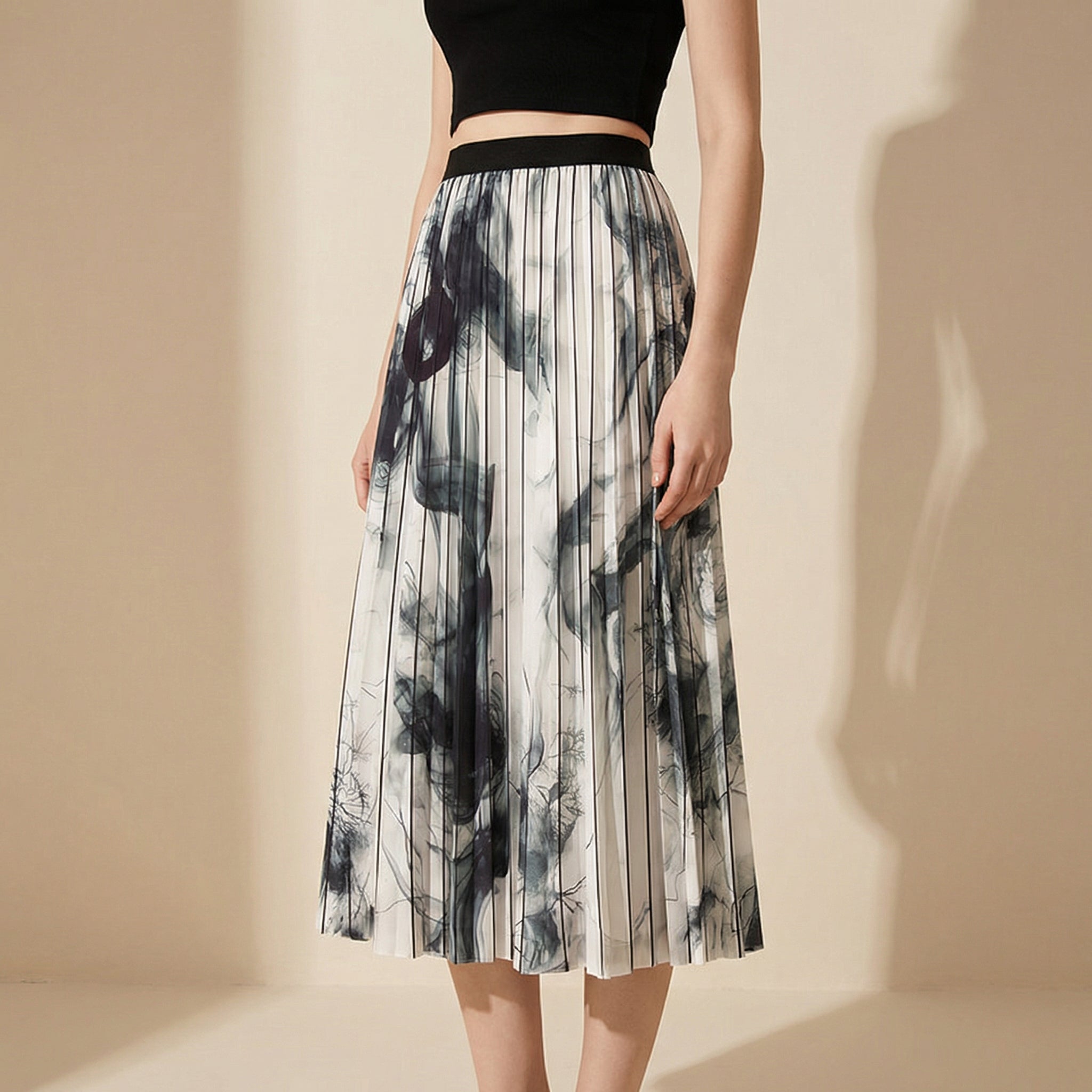 Ink-Painted Print Chiffon Satin Skirt
