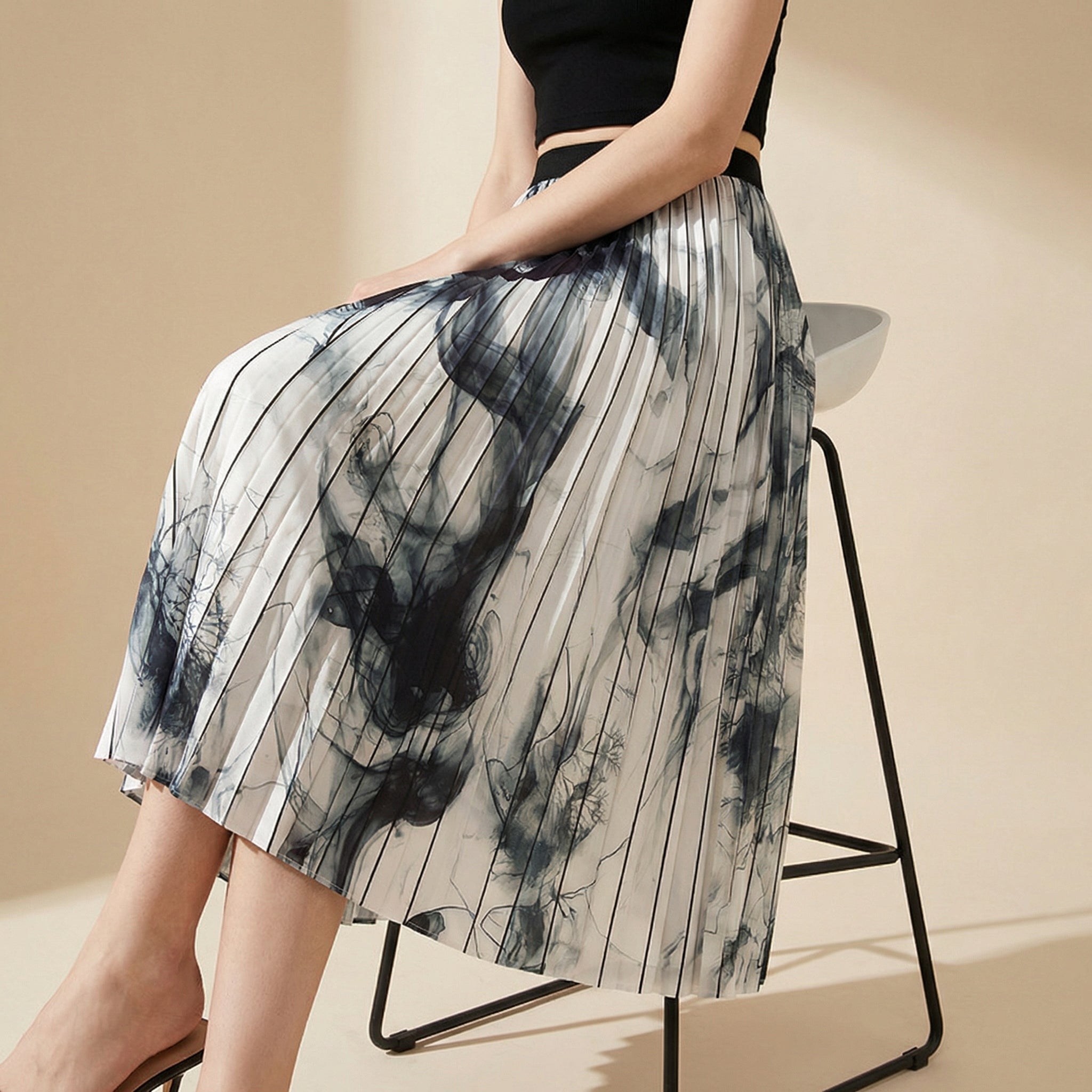 Ink-Painted Print Chiffon Satin Skirt