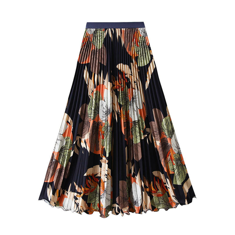Art Print Pleated Midi Skirt in Autumn Mix - BLACK