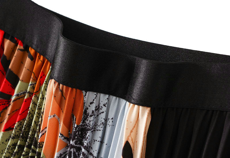 Art Print Pleated Midi Skirt in Autumn Mix - BLACK