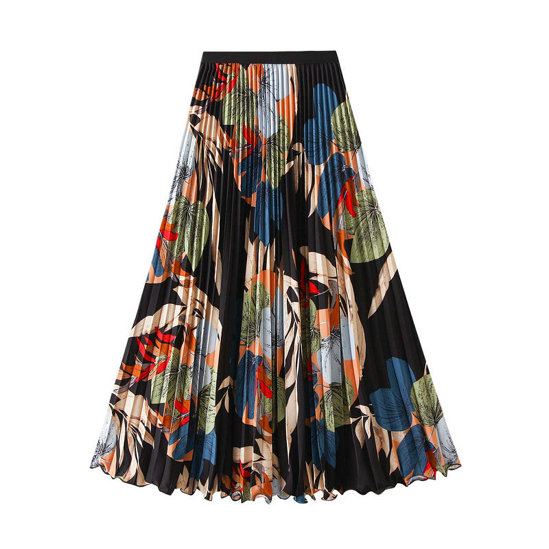 Art Print Pleated Midi Skirt in Autumn Mix - BLUE