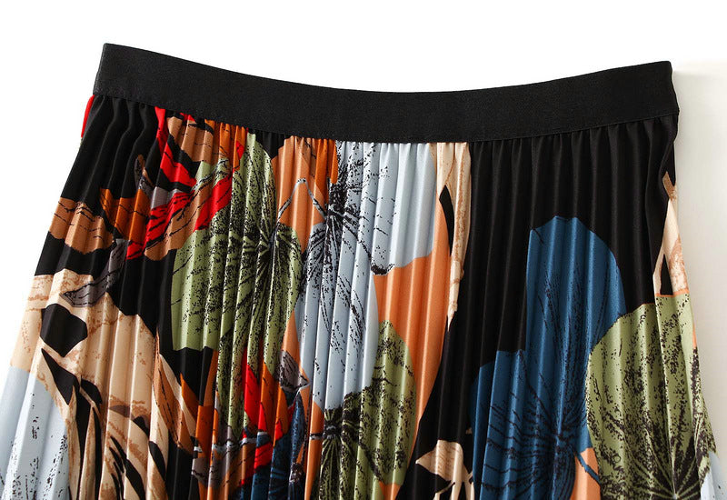 Art Print Pleated Midi Skirt in Autumn Mix - BLUE