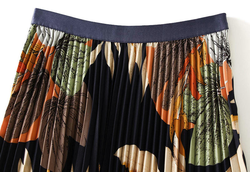 Art Print Pleated Midi Skirt in Autumn Mix - BLACK