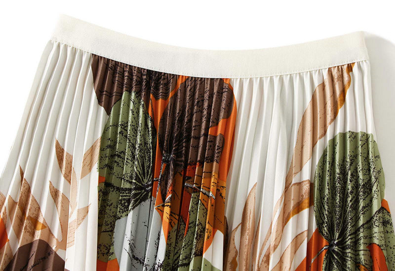 Art Print Pleated Midi Skirt in Autumn Mix - WHITE