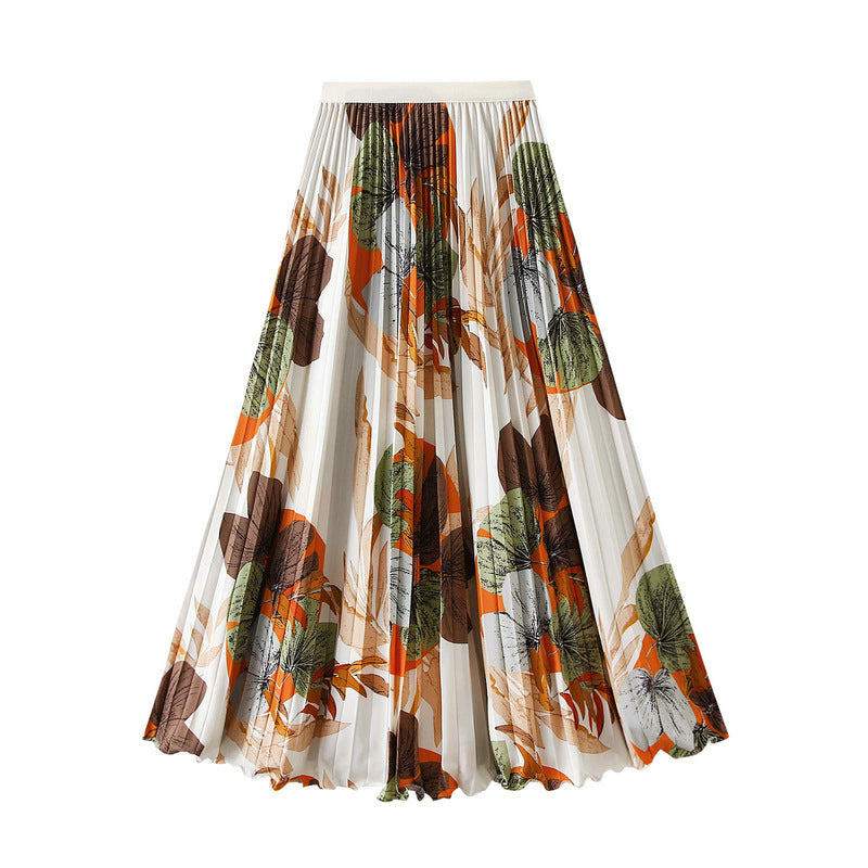 Art Print Pleated Midi Skirt in Autumn Mix - WHITE