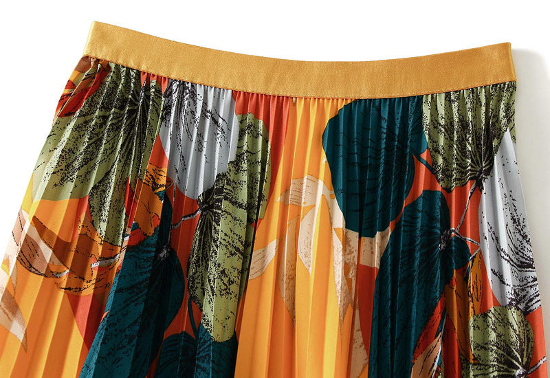 Art Print Pleated Midi Skirt in Autumn Mix - YELLOW