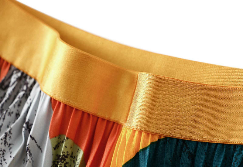 Art Print Pleated Midi Skirt in Autumn Mix - YELLOW