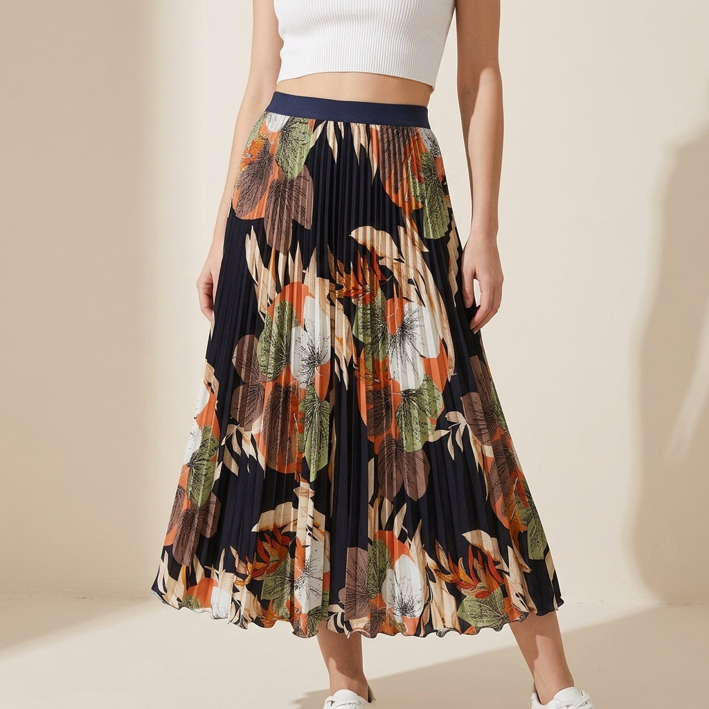 Art Print Pleated Midi Skirt in Autumn Mix - BLACK