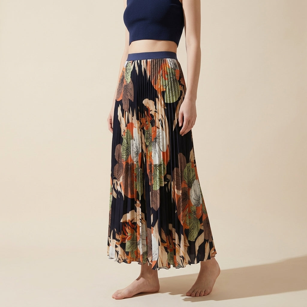 Art Print Pleated Midi Skirt in Autumn Mix - BLACK