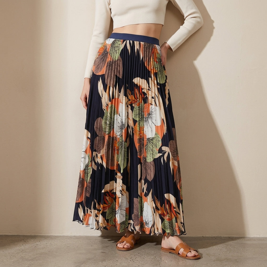 Art Print Pleated Midi Skirt in Autumn Mix - BLACK