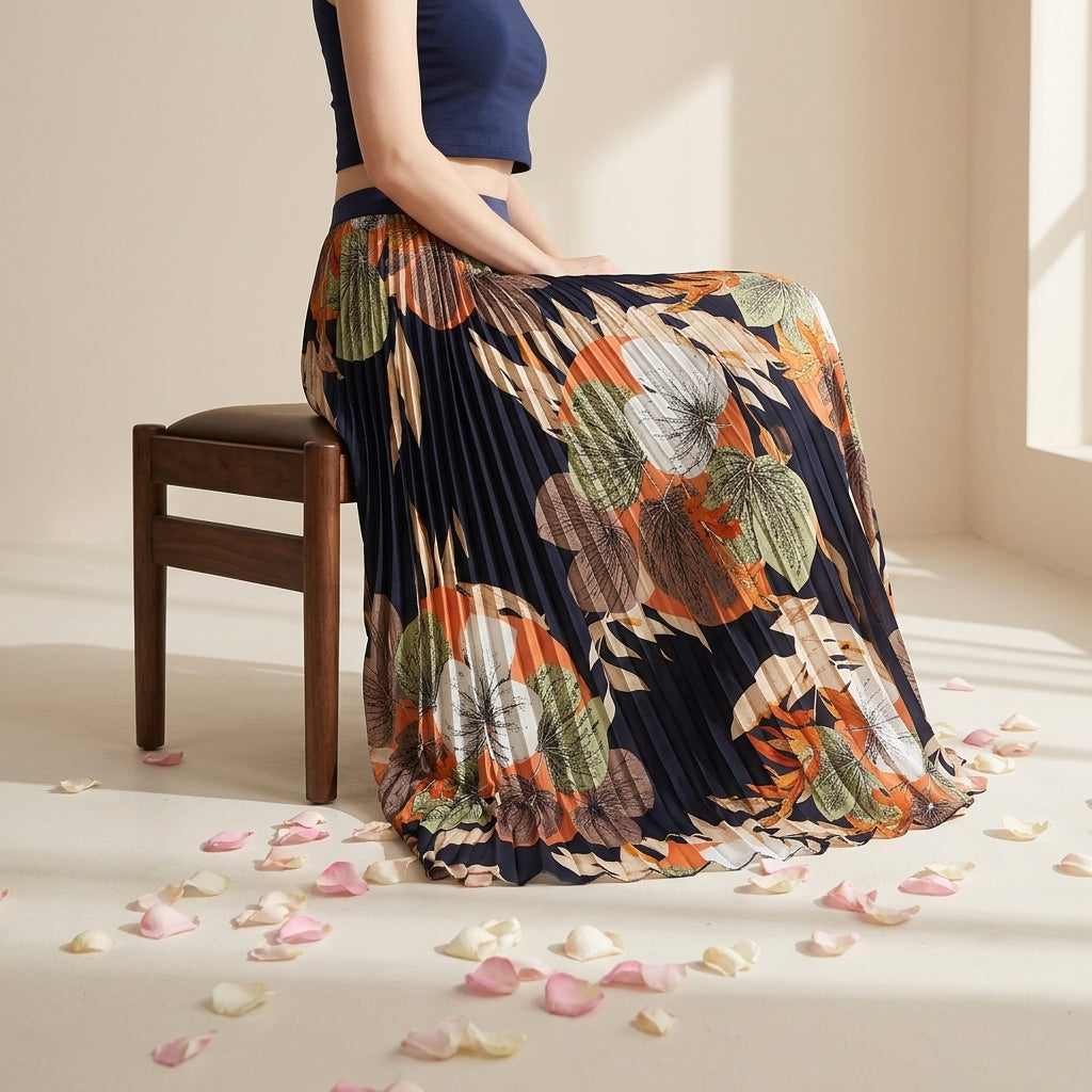 Art Print Pleated Midi Skirt in Autumn Mix - BLACK