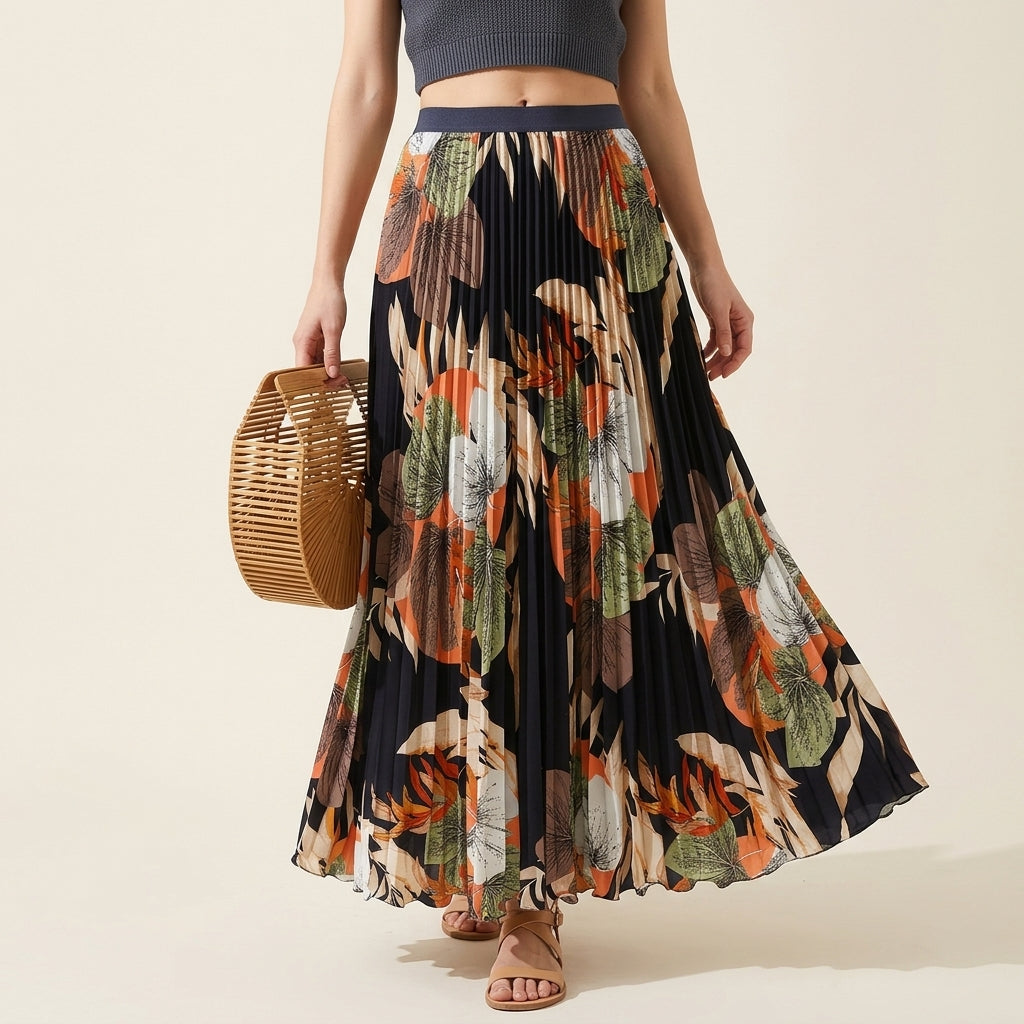 Art Print Pleated Midi Skirt in Autumn Mix - BLACK