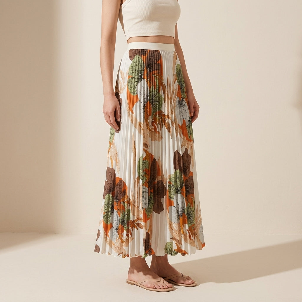 Art Print Pleated Midi Skirt in Autumn Mix - WHITE