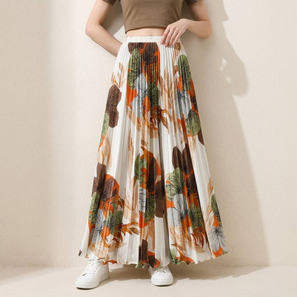 Art Print Pleated Midi Skirt in Autumn Mix - WHITE