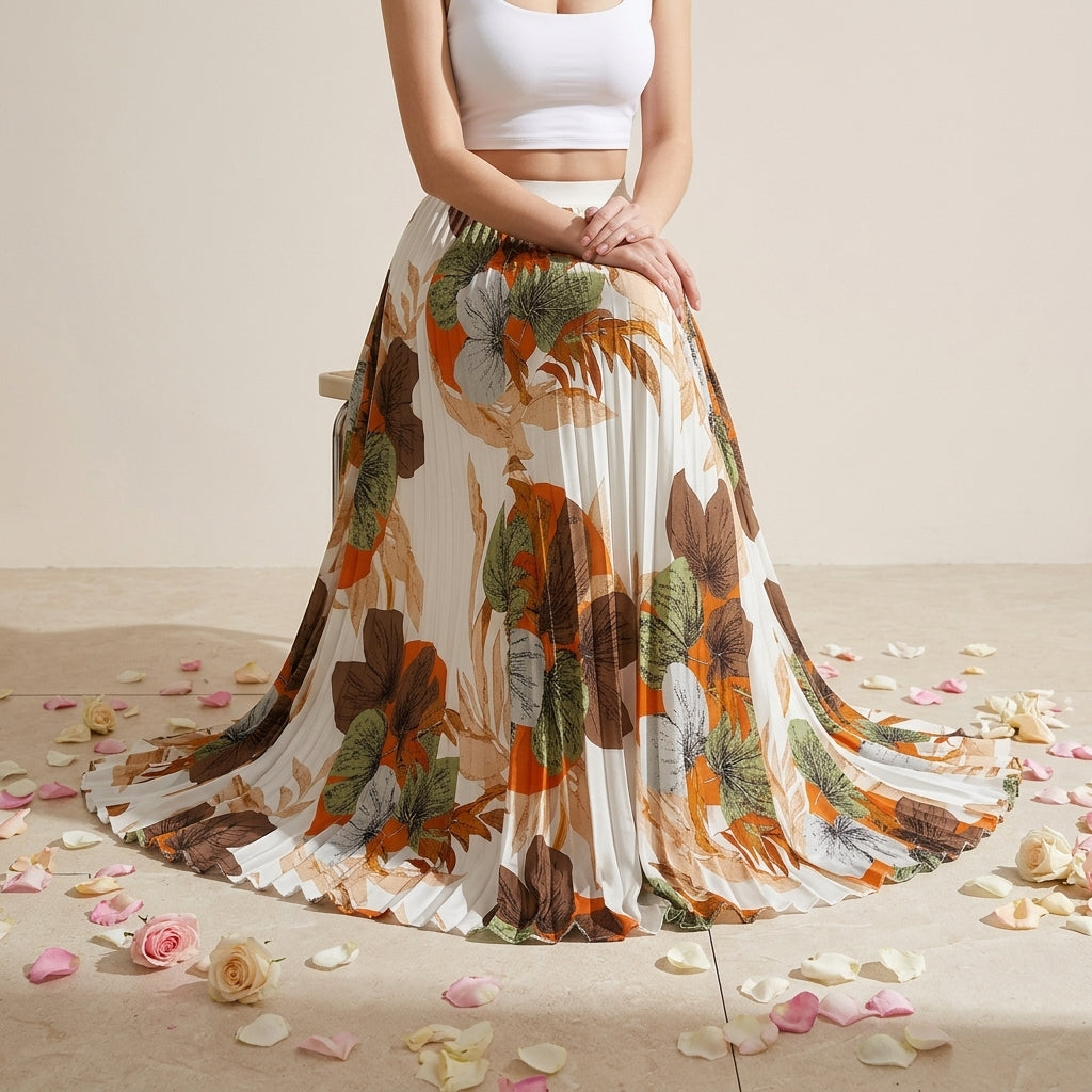 Art Print Pleated Midi Skirt in Autumn Mix - WHITE