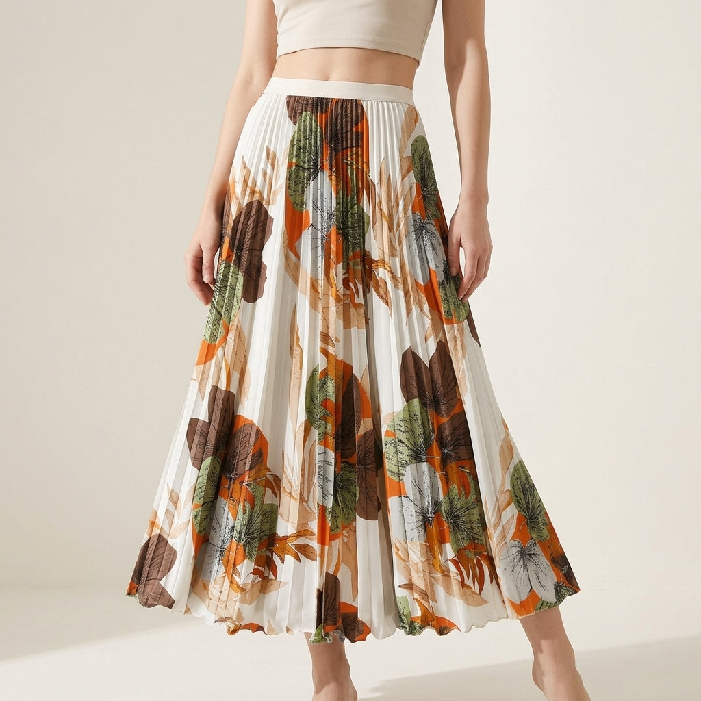 Art Print Pleated Midi Skirt in Autumn Mix - WHITE