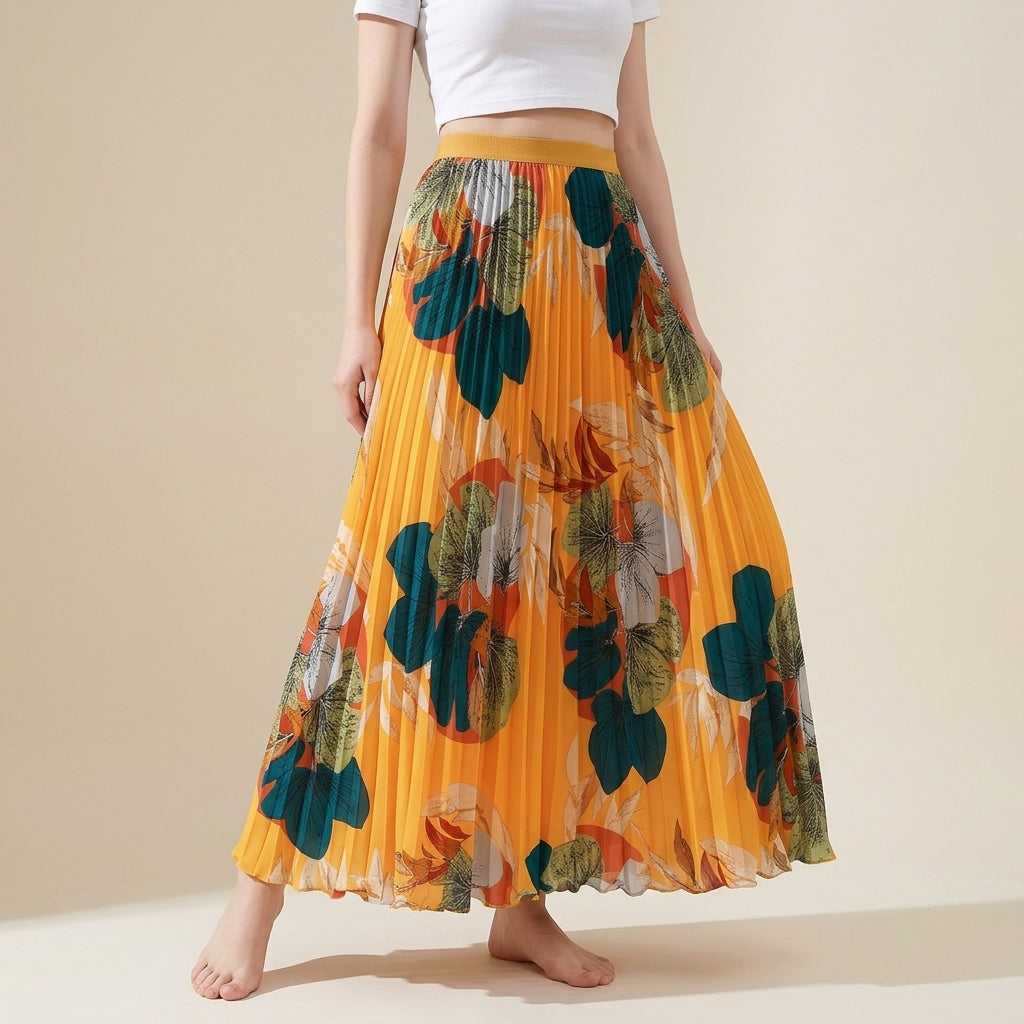 Art Print Pleated Midi Skirt in Autumn Mix - YELLOW