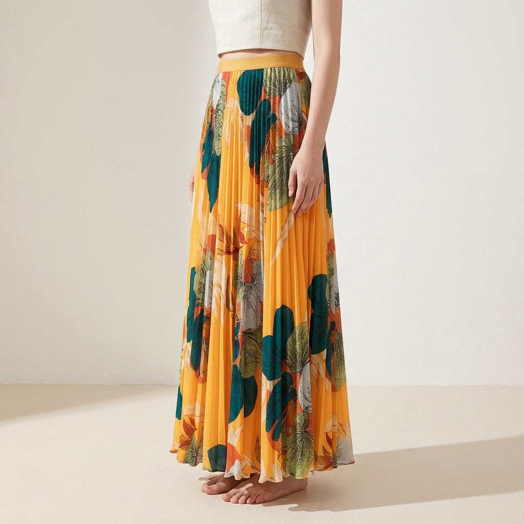 Art Print Pleated Midi Skirt in Autumn Mix - YELLOW