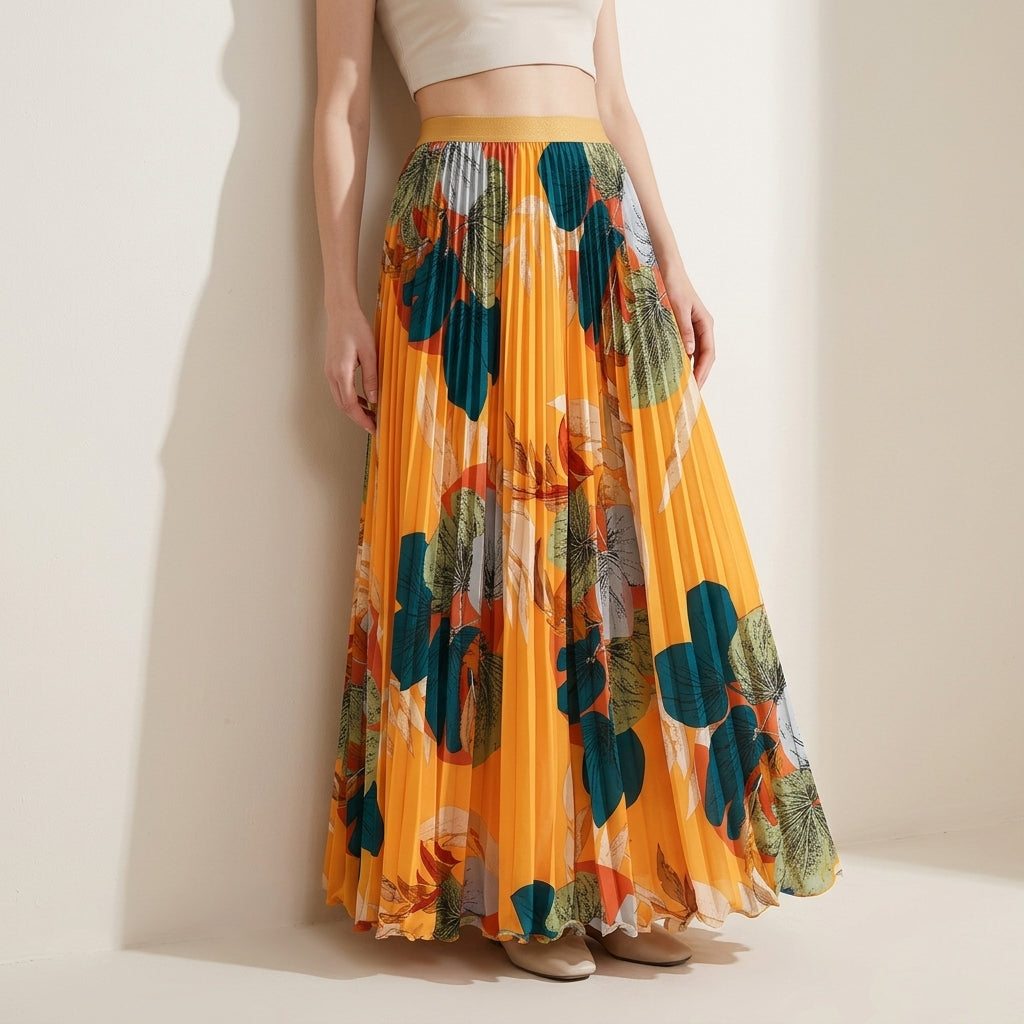 Art Print Pleated Midi Skirt in Autumn Mix - YELLOW