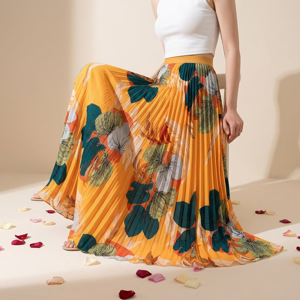 Art Print Pleated Midi Skirt in Autumn Mix - YELLOW