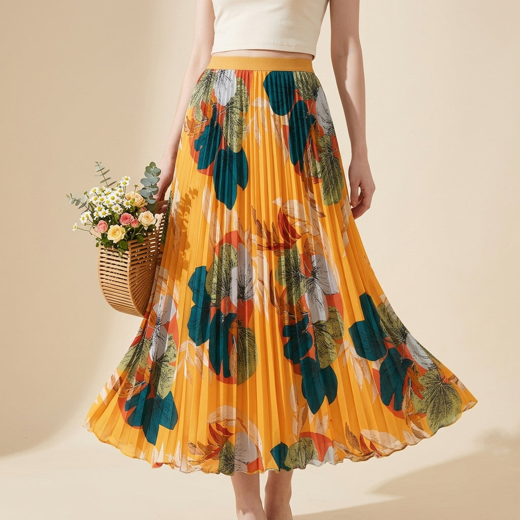 Art Print Pleated Midi Skirt in Autumn Mix - YELLOW