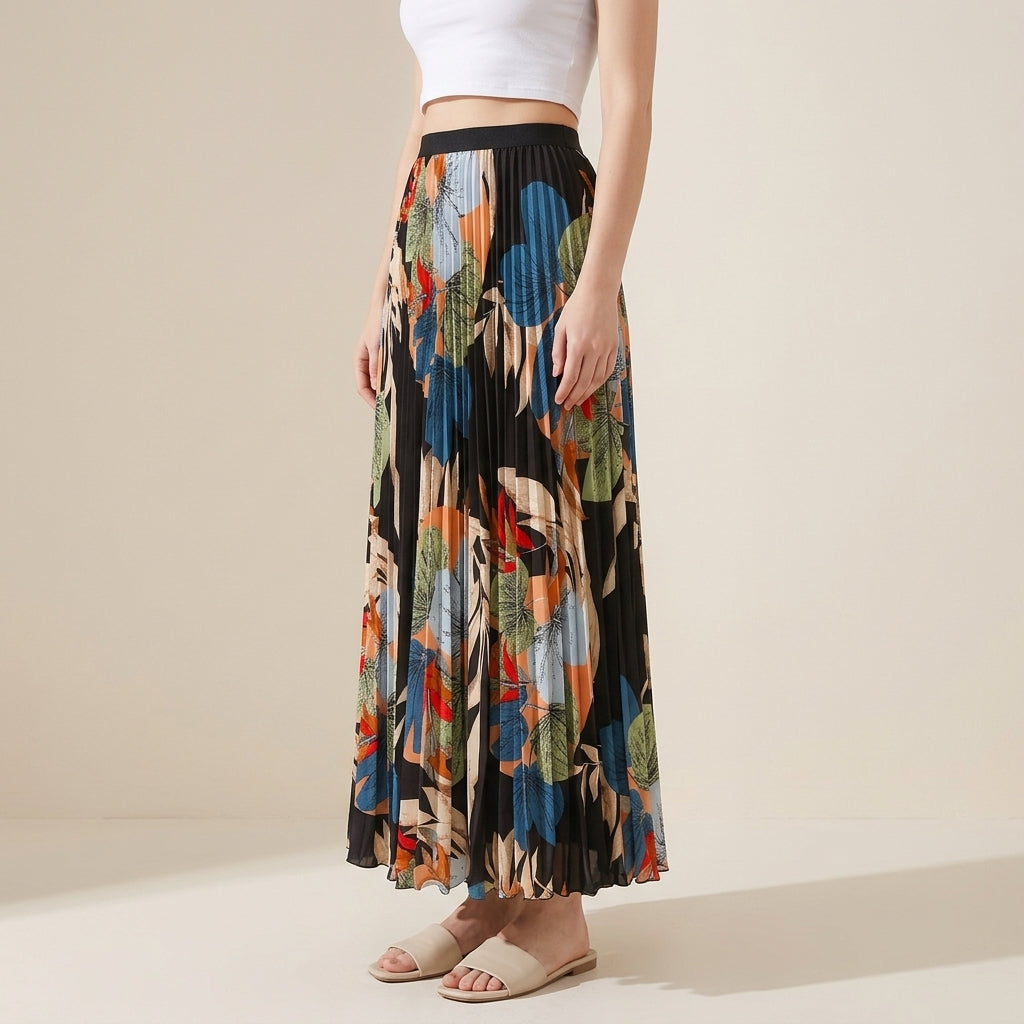 Art Print Pleated Midi Skirt in Autumn Mix - BLUE