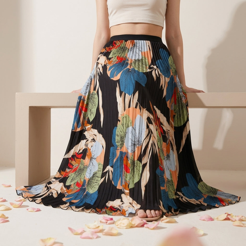 Art Print Pleated Midi Skirt in Autumn Mix - BLUE