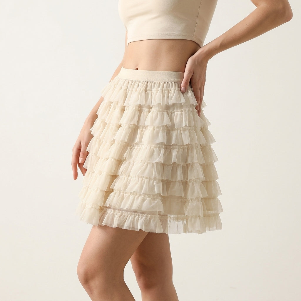 Ruffle Volume Multitier Skirt - APRICOT