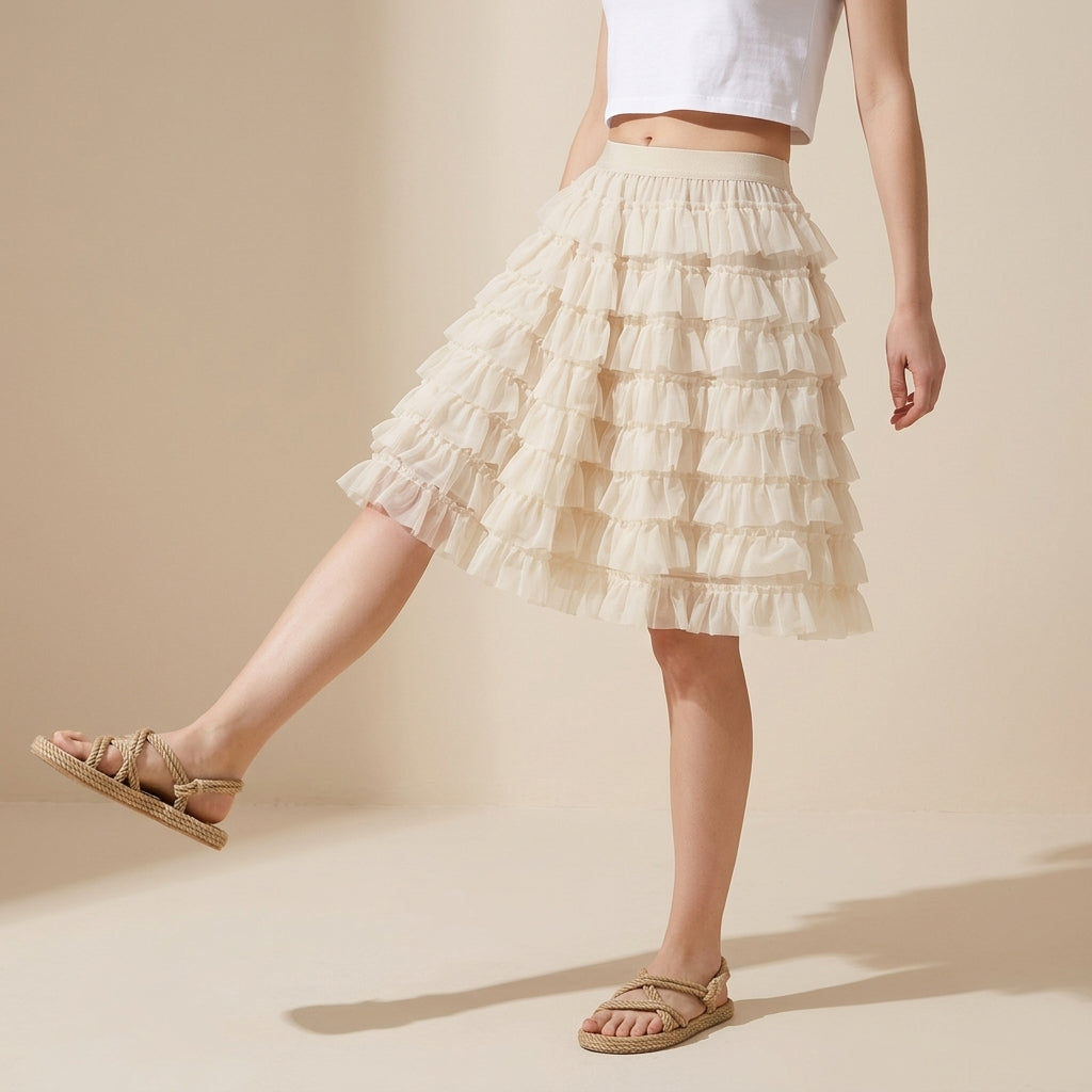 Ruffle Volume Multitier Skirt - APRICOT