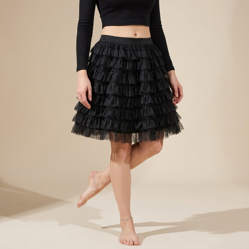 Ruffle Volume Multitier Skirt - BLACK