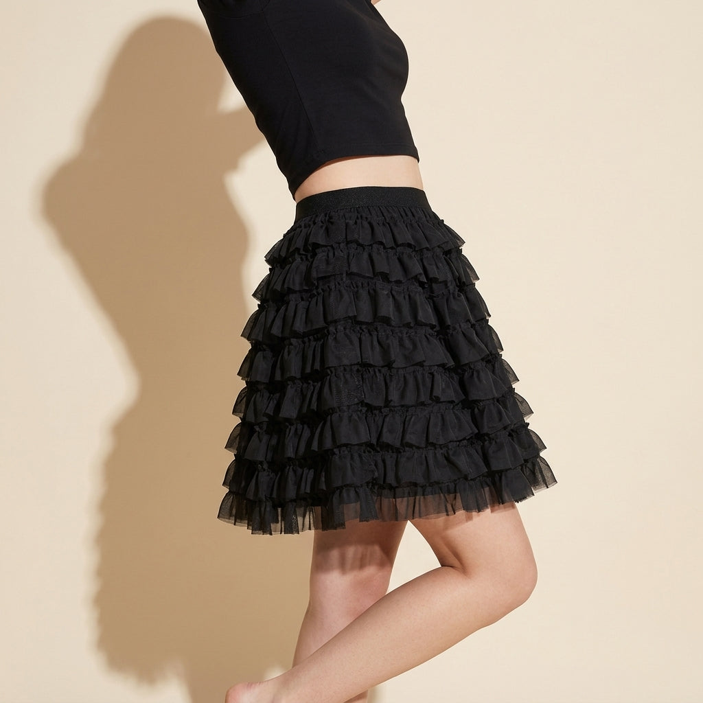 Ruffle Volume Multitier Skirt - BLACK