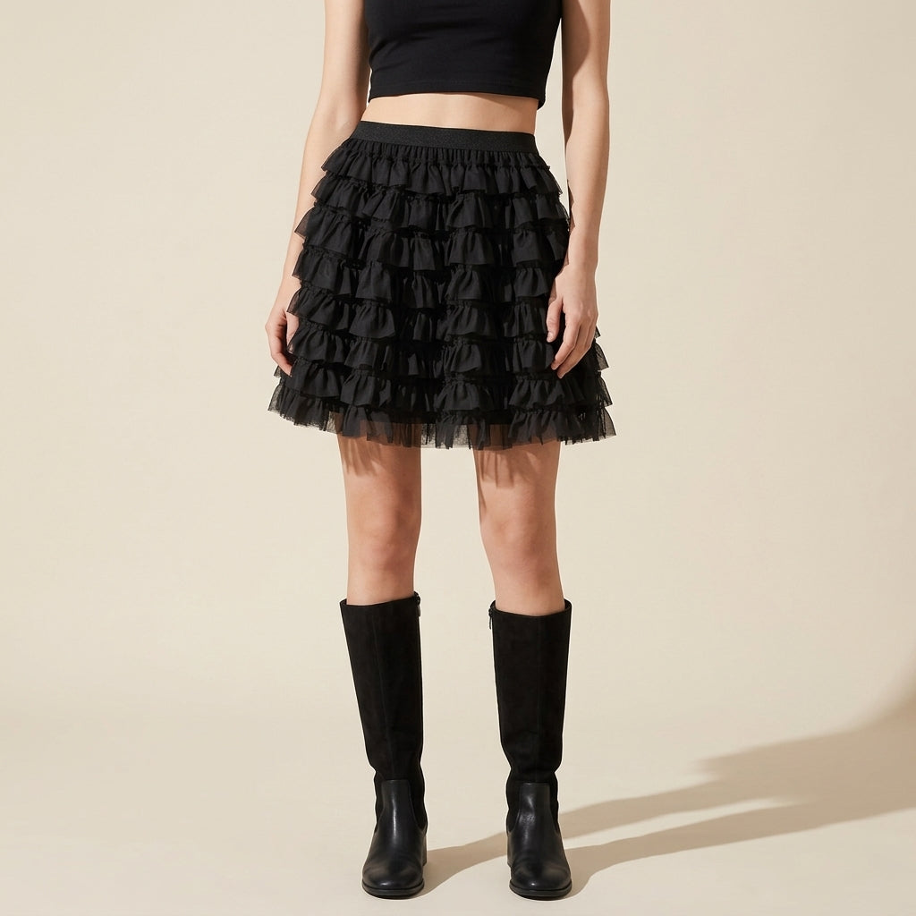 Ruffle Volume Multitier Skirt - BLACK