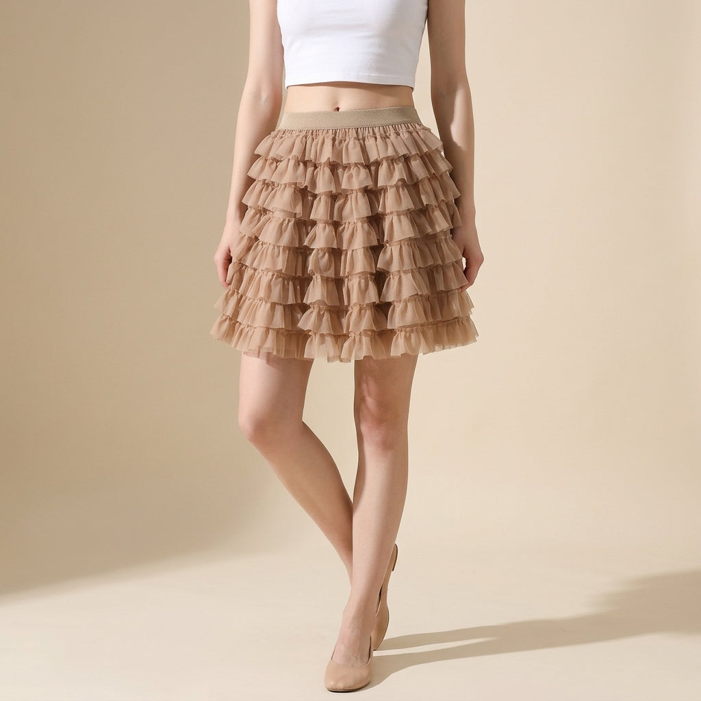 Ruffle Volume Multitier Skirt - KHAKI