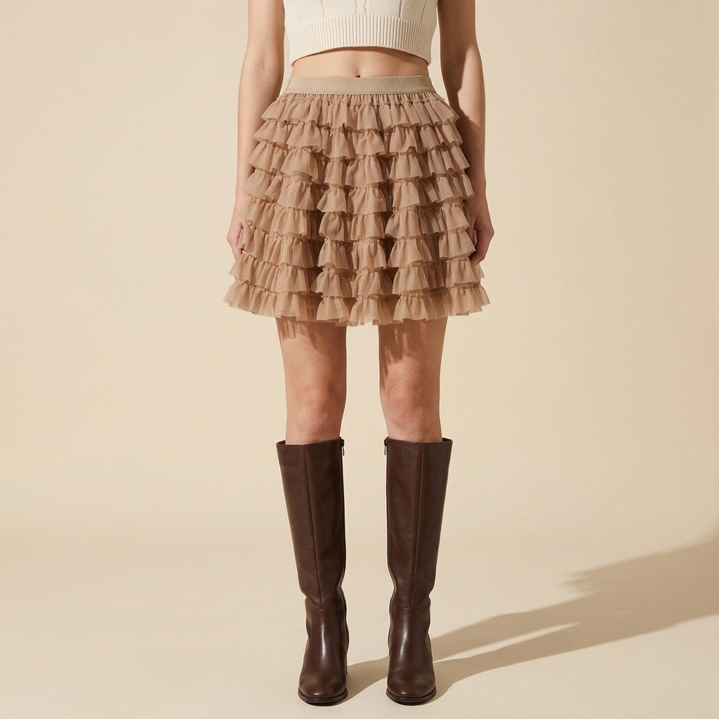 Ruffle Volume Multitier Skirt - KHAKI
