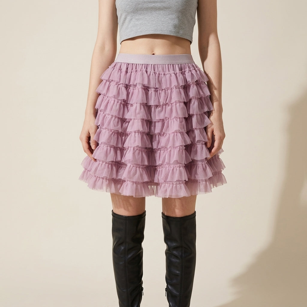 Ruffle Volume Multitier Skirt - PINK
