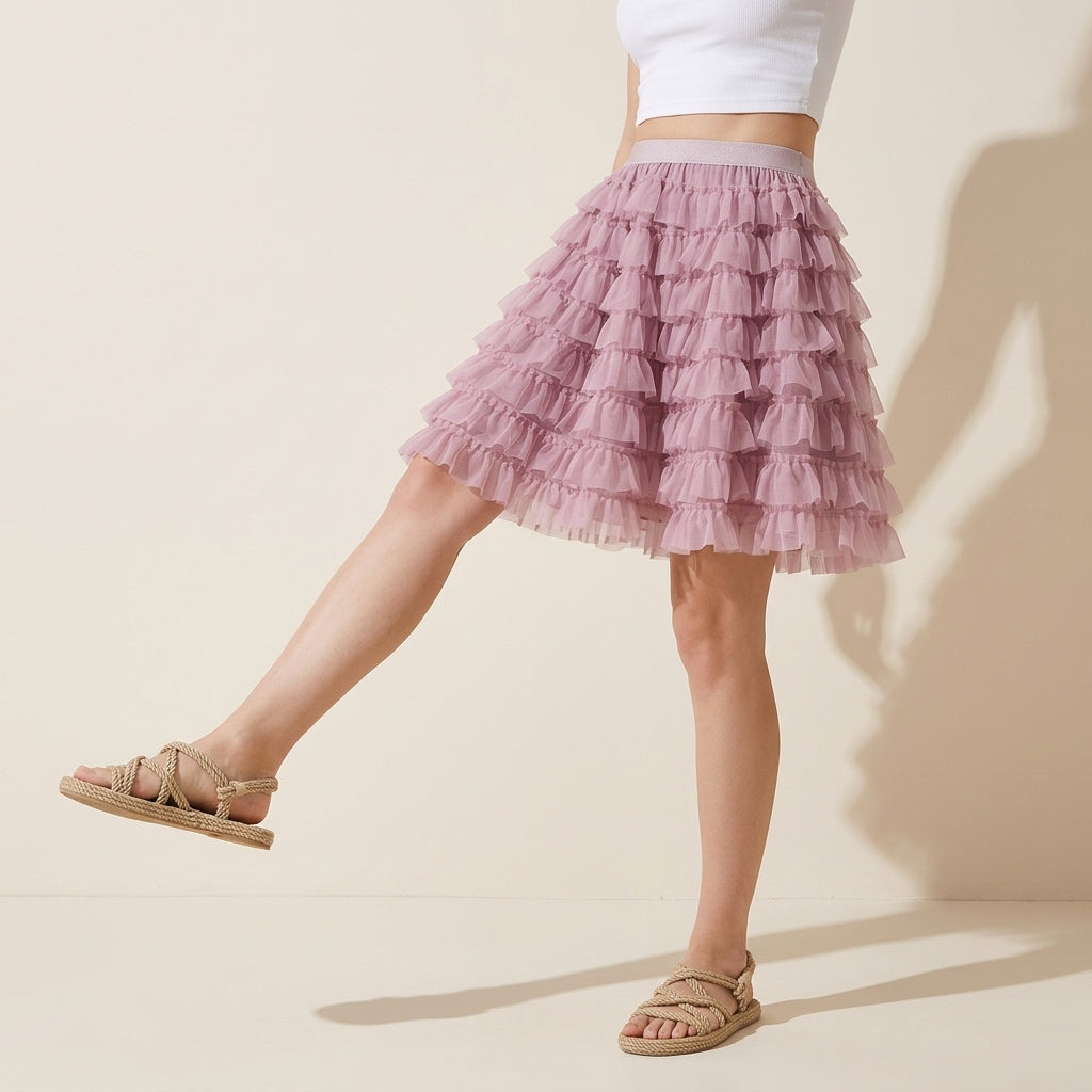 Ruffle Volume Multitier Skirt - PINK