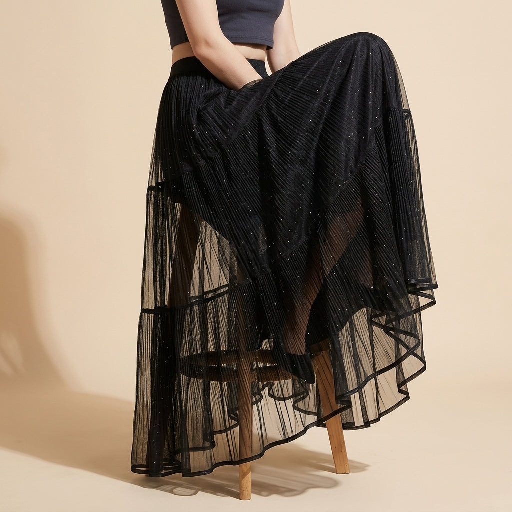 Reversible Velvet and Chiffon Skirt in Black