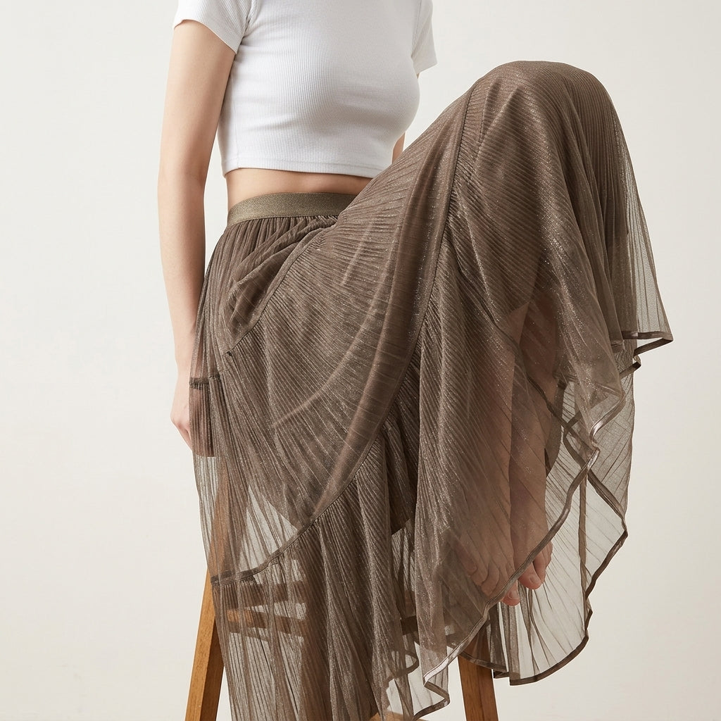 Reversible Velvet and Chiffon Skirt in Khaki