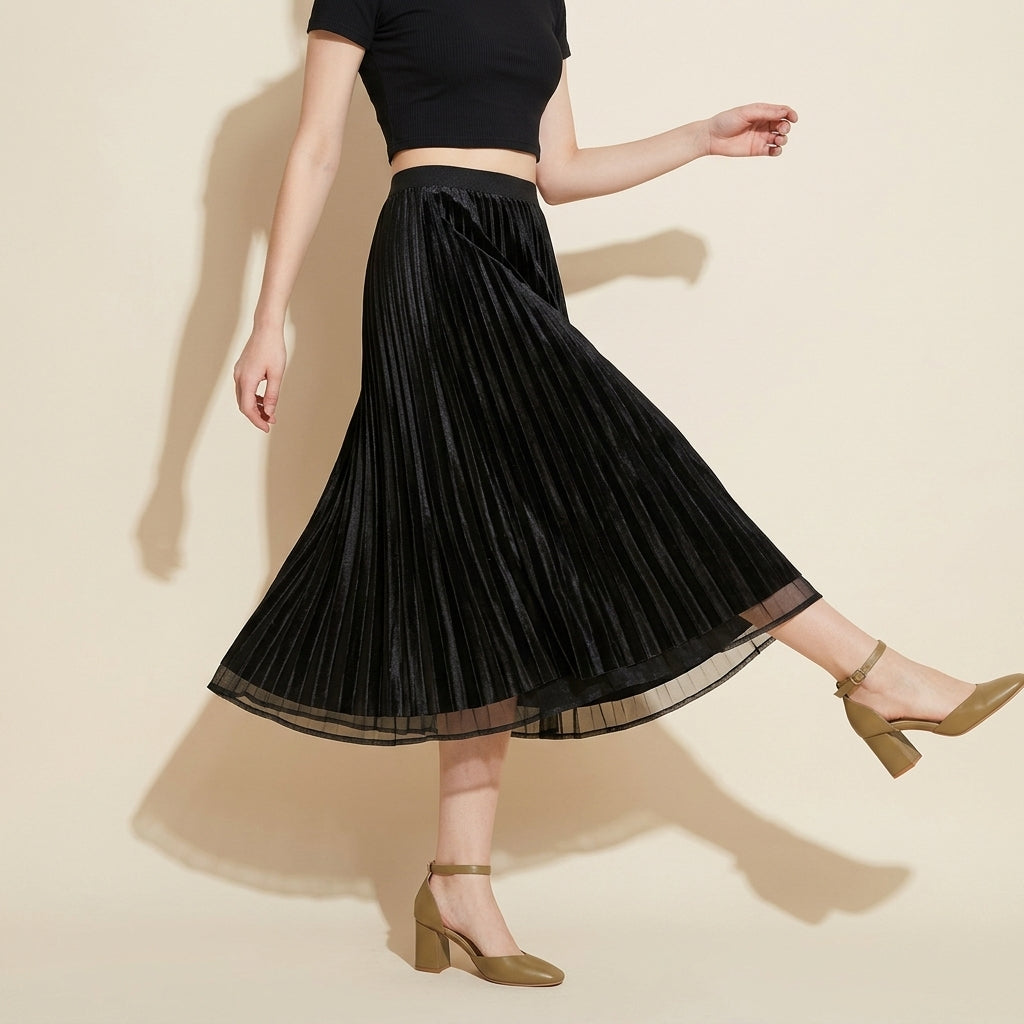 Reversible Velvet and Chiffon Skirt in Black