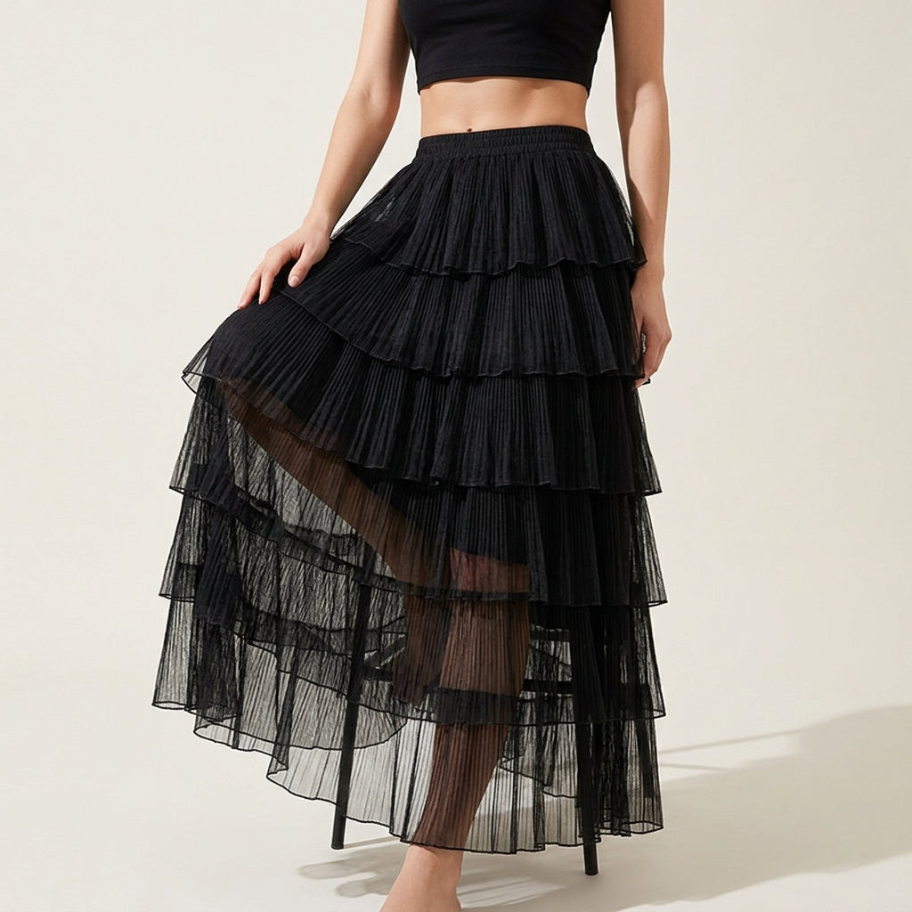 Florentine Pleated Tulle Skirt - BLACK