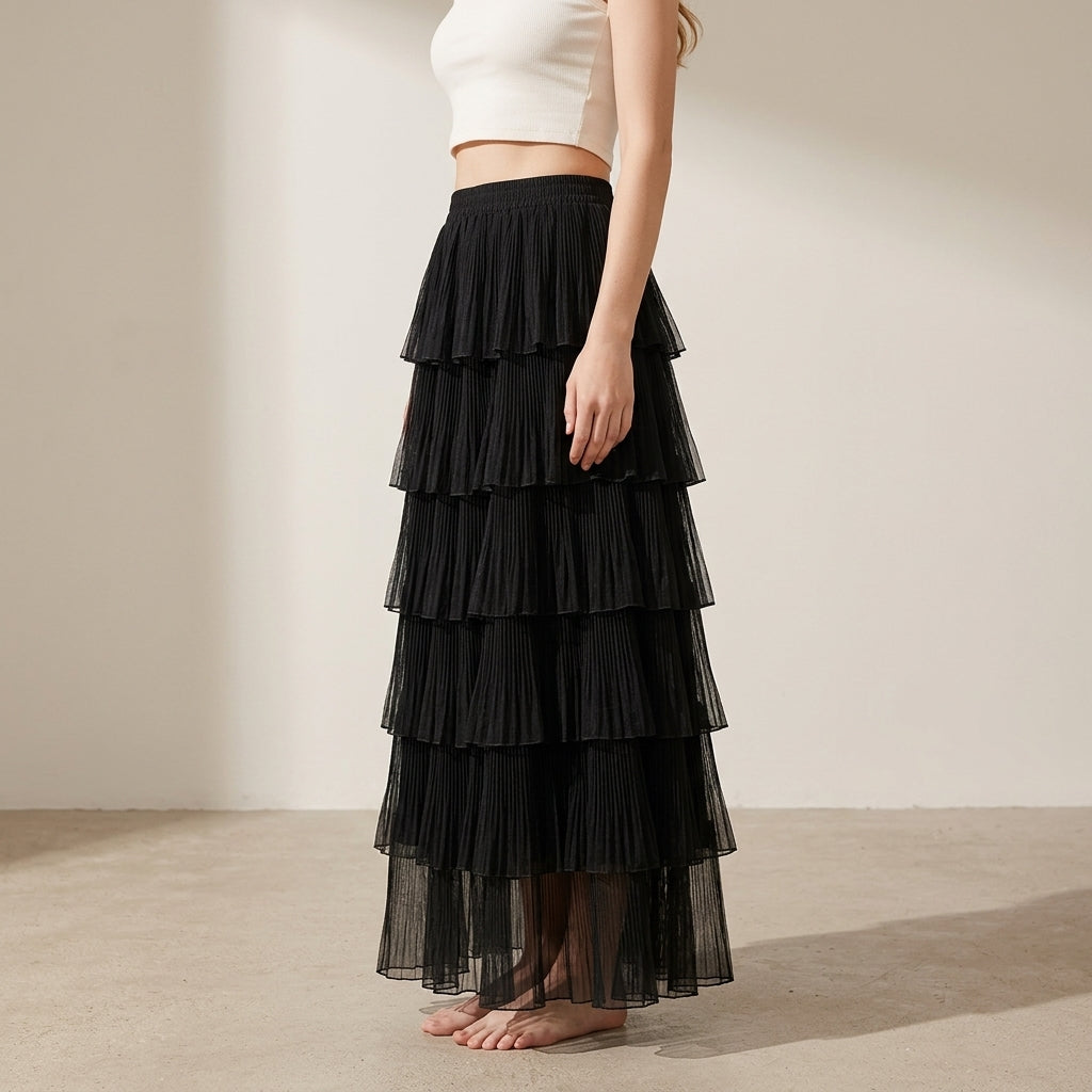 Florentine Pleated Tulle Skirt - BLACK