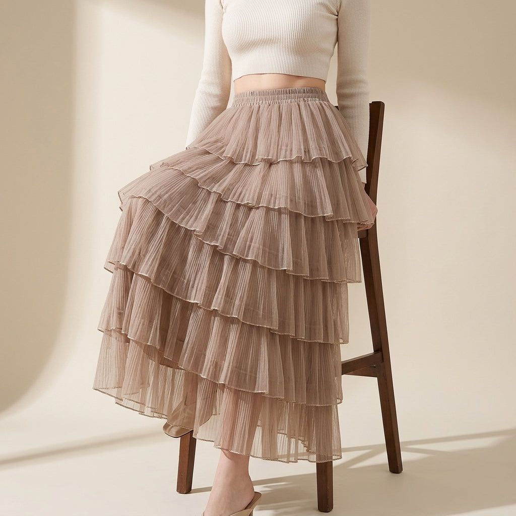 Florentine Pleated Tulle Skirt - KHAKI