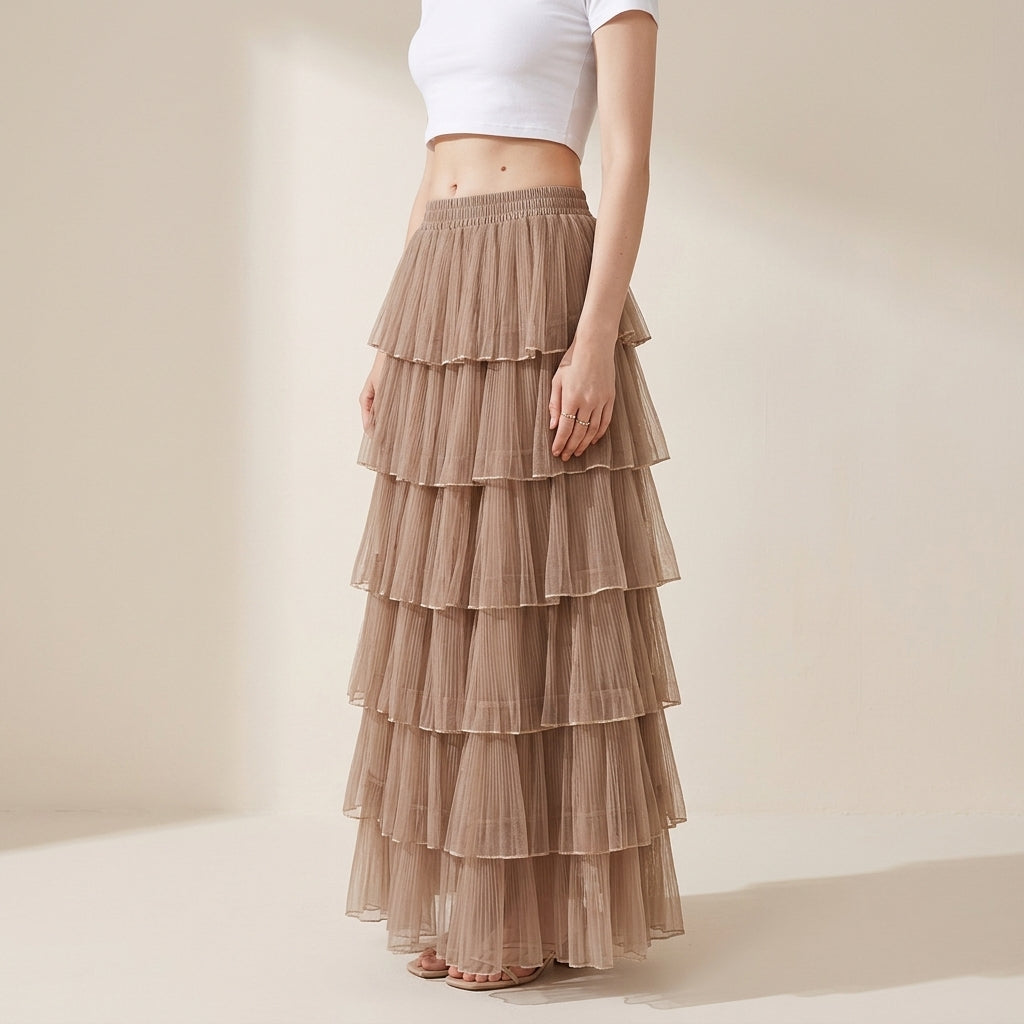 Florentine Pleated Tulle Skirt - KHAKI