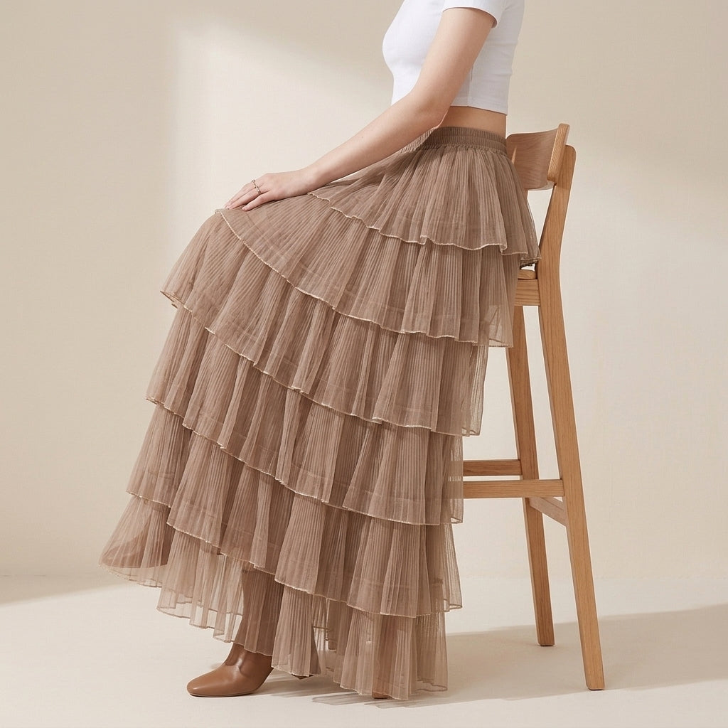 Florentine Pleated Tulle Skirt - KHAKI