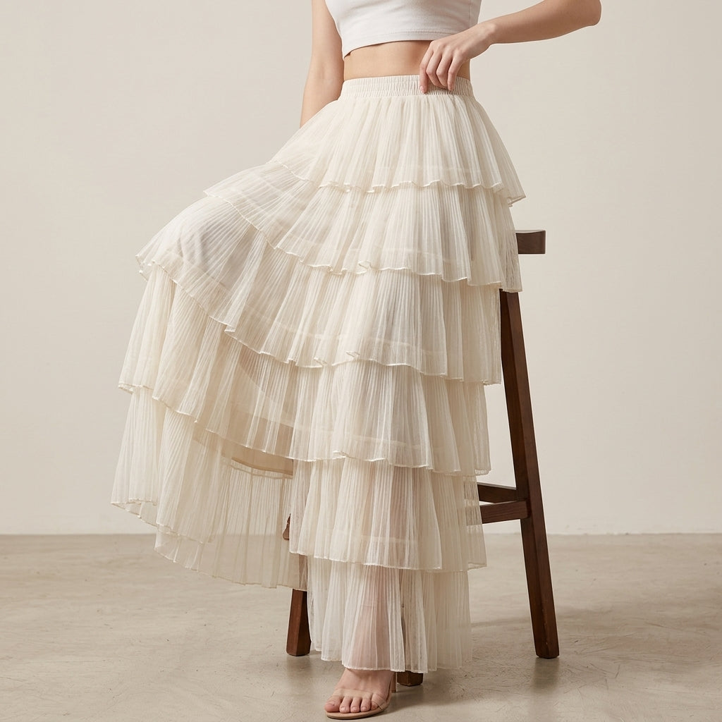 Florentine Pleated Tulle Skirt - APRICOT